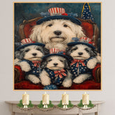 Mother Old English Sheepdog and Three Puppies in Patriotic Outfits on Red Chair with American Flag Hats on Ready to Hang 1.5" Thick Canvas Wrap, Floating Framed Canvas, Flat Rolled Canvas